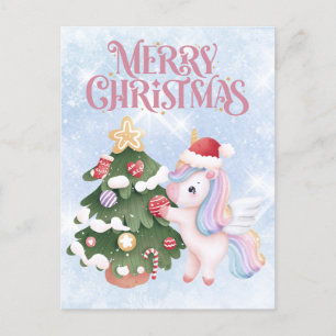Einhorn und Weihnachtsbaum auf Sparkle Blue Sky Postkarte