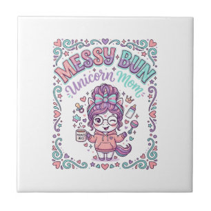 Einhorn-Unordentlicher-Bun-Einhorn-Mama-Retro-Stil Fliese