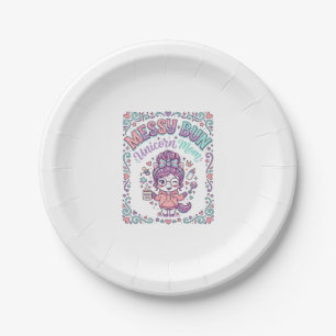 Einhorn-Unordentlicher-Bun-Einhorn-Mama-Retro-Stil Pappteller