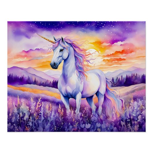 Einhorn unter dem regenbogenfarbenen Sonnenunterga Poster (Vorderseite)