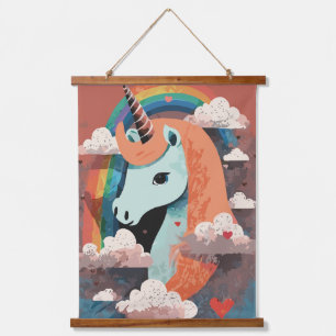 Einhorn unter Regenbogen & unter den Herzen Wandteppich Mit Holzrahmen