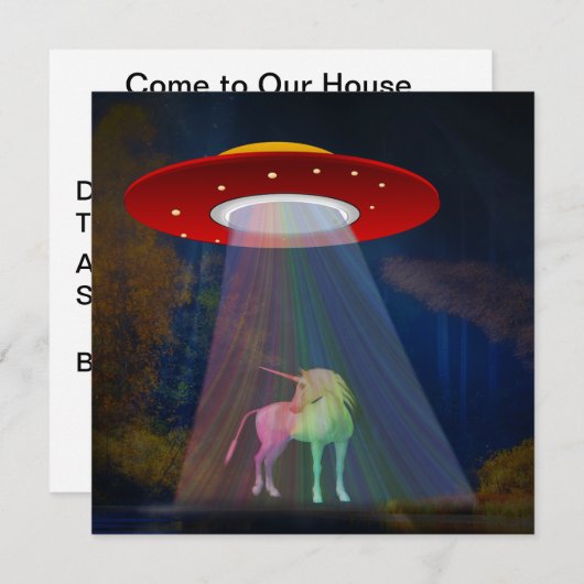 Einhorn unter UFO-Regenbogenbeam am Night, ZKoA Einladung (Vorne/Hinten)