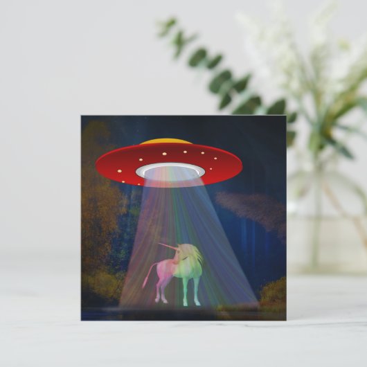 Einhorn unter UFO-Regenbogenbeam am Night, ZKoA Einladung (Stehend Vorderseite)