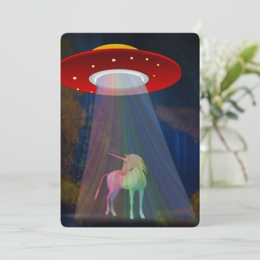 Einhorn unter UFO-Regenbogenbeam am Night, ZKoA Einladung (Stehend Vorderseite)