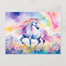 Einhorn-Wandern unter einem schimmernden Regenboge Postkarte
