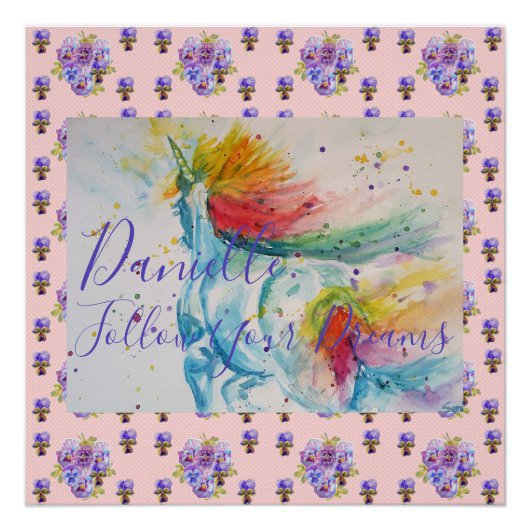 Einhorn-Wasserfarbe-Rosa-Blumen-Mädchen-Name-Decke Poster (Vorderseite)