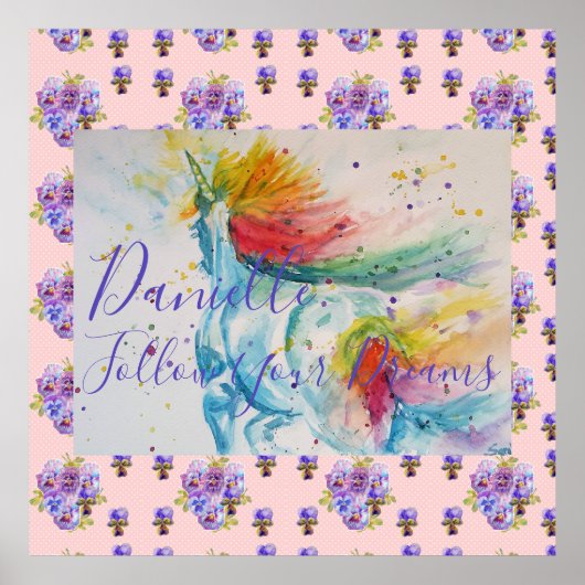 Einhorn-Wasserfarbe-Rosa-Blumen-Mädchen-Name-Decke Poster (Vorne)