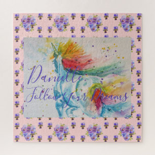 Einhorn-Wasserfarbe-Rosa-Blumen-Mädchen-Name-Decke Puzzle