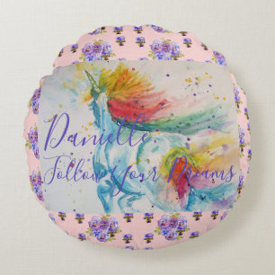 Einhorn-Wasserfarbe-Rosa-Blumen-Mädchen-Name-Decke Rundes Kissen