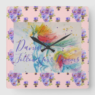 Einhorn-Wasserfarbe Rosa Florales Mädchen Name Dec Quadratische Wanduhr