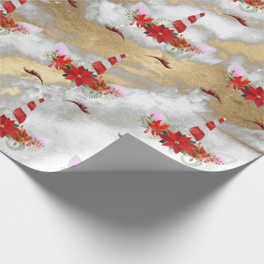 Einhorn Weihnachtsfeiertage Marble Rote Rose Gold Geschenkpapier (Ecke)