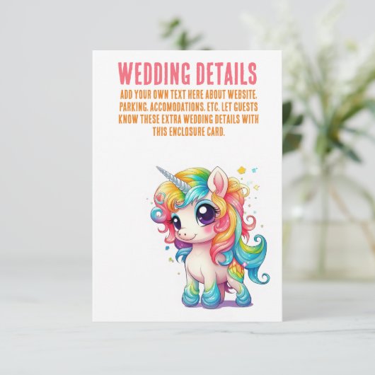 Einhorn Whimsical Magical Pink Wedding Details Begleitkarte (Stehend Vorderseite)