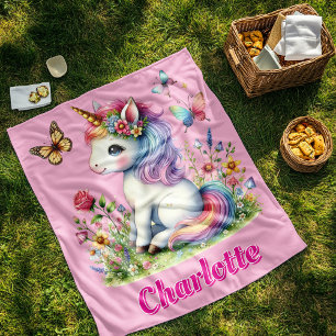 Einhorn-Wiese mit rosa Glitter-Wildblumen Fleecedecke