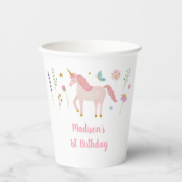 Einhorn-Wiese Pastellrosa Gold Geburtstag Pappbecher