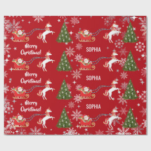 Einhorn zieht Santas Schlitten Schnee Personalisie Geschenkpapier