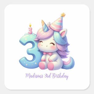 Einhorn zum 3. Geburtstag personalisiert Quadratischer Aufkleber