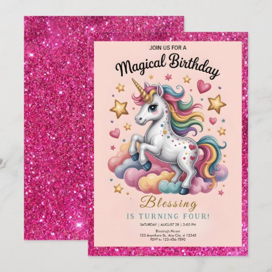 Einhorn zum 4. Geburtstag Einladung (Vorne/Hinten)