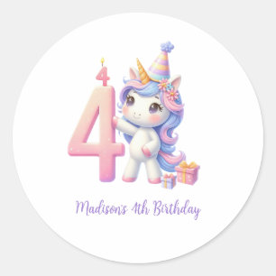 Einhorn zum 4. Geburtstag personalisiert für Mädch Runder Aufkleber