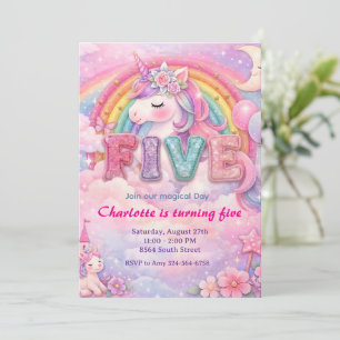 Einhorn zum 5. Geburtstag mit Regenbogen in Pastel Einladung