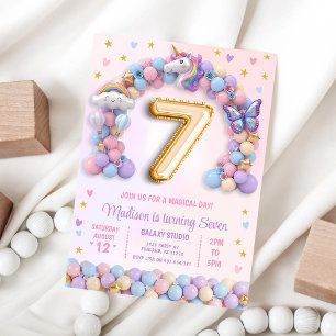 Einhorn zum 7. Geburtstag mit Pastellregenbogen Einladung