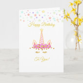 Einhorn zum Geburtstag, bunte Sterne & Blume Karte (Gelbe Blume)