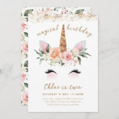 Einhorn zum Geburtstag Einladung, Blumenrosa Gold Einladung (Vorne/Hinten)