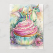 Einhorndrache mit Cupcake und Blumen Postkarte (Vorderseite)