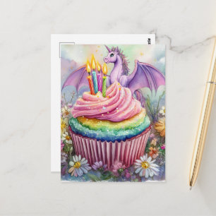 Einhorndrache mit Cupcake und Blumen Postkarte