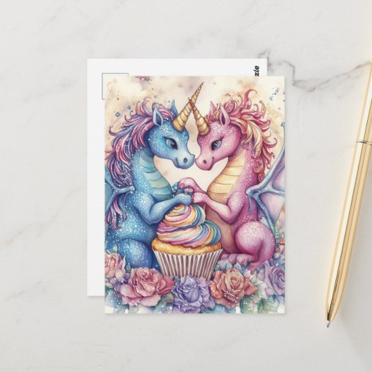 Einhorndrachen mit Cupcake und Blumen Postkarte (Vorderseite/Rückseite Beispiel)