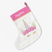 Einhornende Blume & Sterne auf Rosa und Weiß Großer Weihnachtsstrumpf (Rückseite (Hängend))