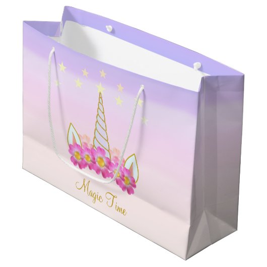 Einhornende Blume und Sterne Große Geschenktüte (Vorderseite Schrägansicht)