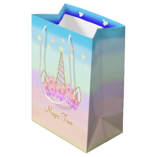 Einhornende Blume und Sterne Mittlere Geschenktüte (Rückseite Schrägansicht)