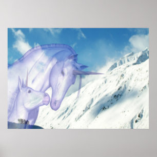 Einhornende Mama und Baby auf Schneeberg Poster