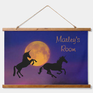 Einhornende Silhouetten und Vollmond *personalisie Wandteppich Mit Holzrahmen