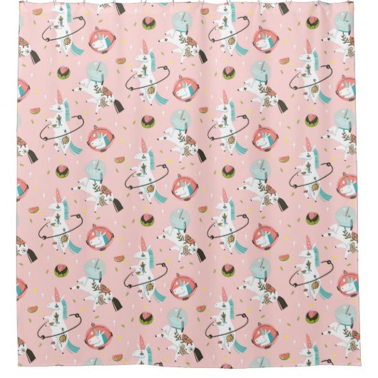 Einhörner im Raum-Muster Duschvorhang (Vorderseite)