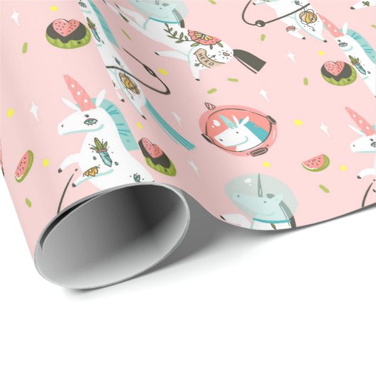 Einhörner im Raum-Muster Geschenkpapier (Rolleneckpunkt)