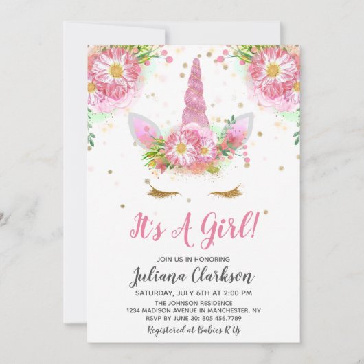 Einhörner in der Blütendusche Einladung (Vorderseite)