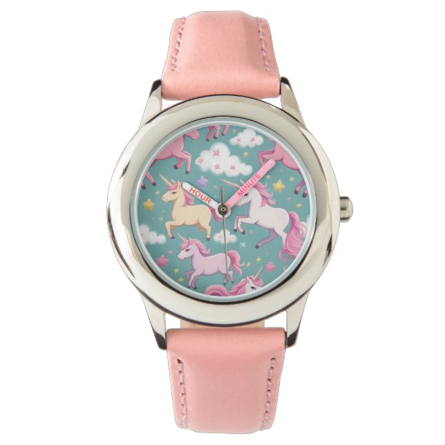 Einhörner mit Wolken und Sternmustern Armbanduhr (Vorderseite)