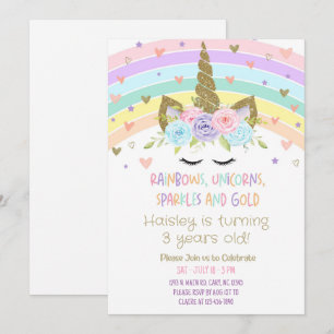 Einhörner Regenbogen Glitzer und Gold Einladung. Einladung
