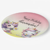 Einhörner und Gänseblümchen, "Happy Birthday"-Part Pappteller (Schrägansicht)