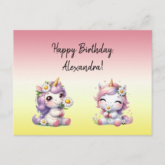 Einhörner und Gänseblümchen, "Happy Birthday" Postkarte (Vorderseite)