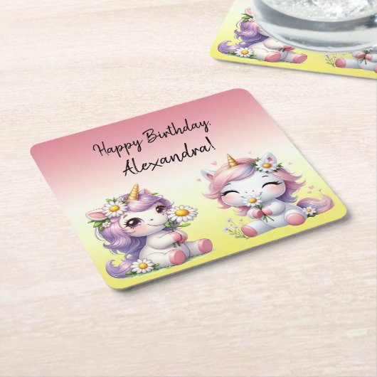 Einhörner und Gänseblümchen, "Happy Birthday" Rechteckiger Pappuntersetzer (angewinkelt)