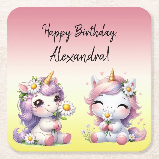 Einhörner und Gänseblümchen, "Happy Birthday" Rechteckiger Pappuntersetzer (Vorderseite)