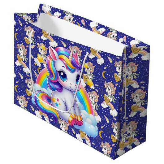 Einhörner und Regenbögen Große Geschenktüte (Vorderseite Schrägansicht)