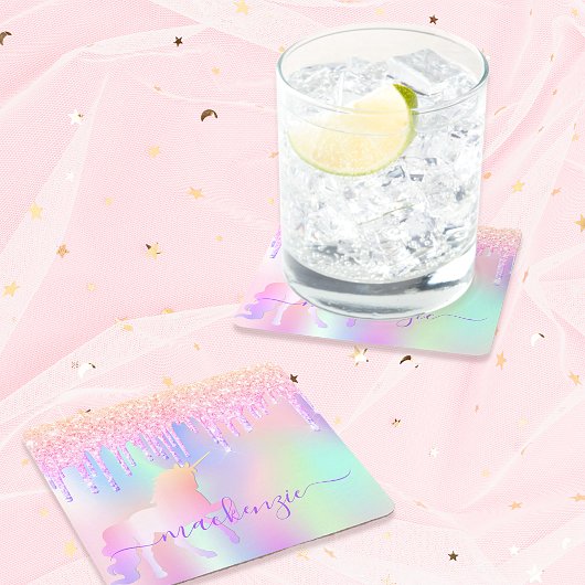 Einhornfarben-Glitzer-Rosa-Rose-Monogramm Rechteckiger Pappuntersetzer