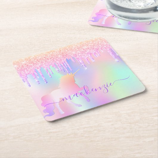 Einhornfarben-Glitzer-Rosa-Rose-Monogramm Rechteckiger Pappuntersetzer (angewinkelt)