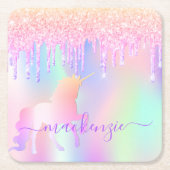 Einhornfarben-Glitzer-Rosa-Rose-Monogramm Rechteckiger Pappuntersetzer (Vorderseite)