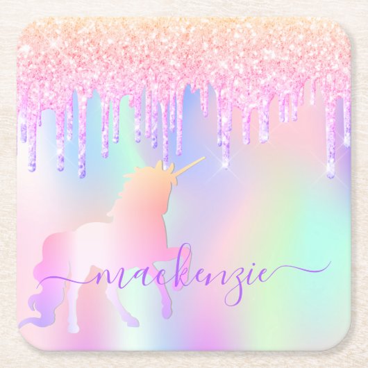 Einhornfarben-Glitzer-Rosa-Rose-Monogramm Rechteckiger Pappuntersetzer (Vorderseite)