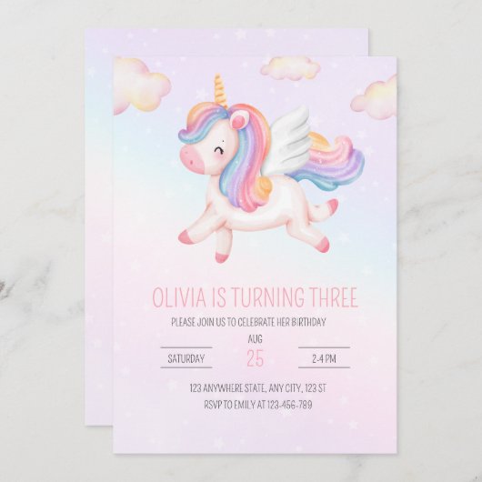 Einhorngeburtstag Einladung, Einhorn-Regenbogen-Pa Einladung (Vorne/Hinten)