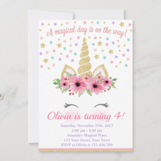 Einhorngeburtstag Einladung, Rosa und Gold Einladung (Vorderseite)